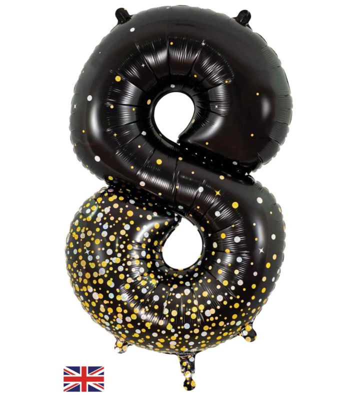 34" Oaktree Sparkling Fizz Black Gold Number 8 Foil Balloon