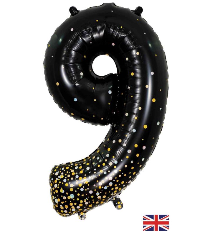 34" Oaktree Sparkling Fizz Black Gold Number 9 Foil Balloon
