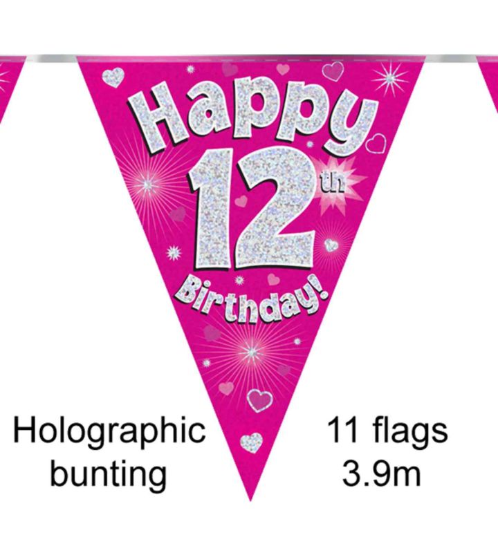 3.9m Oaktree 'Happy 12th Birthday' Pink Bunting