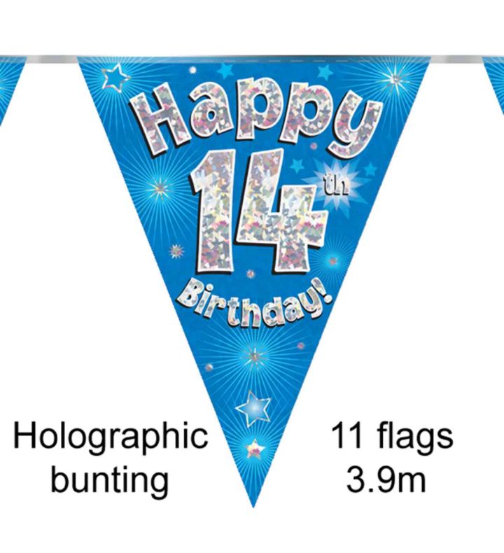 3.9m Oaktree 'Happy 14th Birthday' Blue Bunting