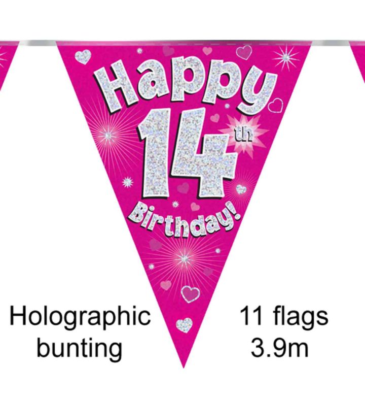 3.9m Oaktree 'Happy 14th Birthday' Pink Bunting