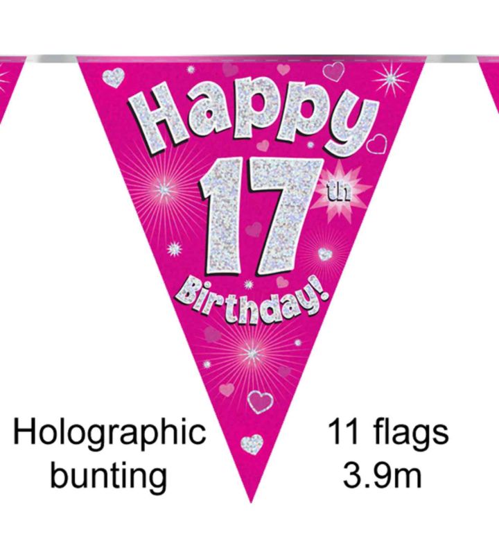 3.9m Oaktree 'Happy 17th Birthday' Pink Bunting