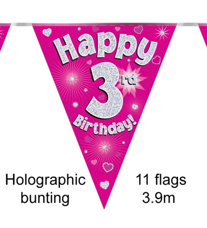 3.9m Oaktree 'Happy 3rd Birthday' Pink Bunting