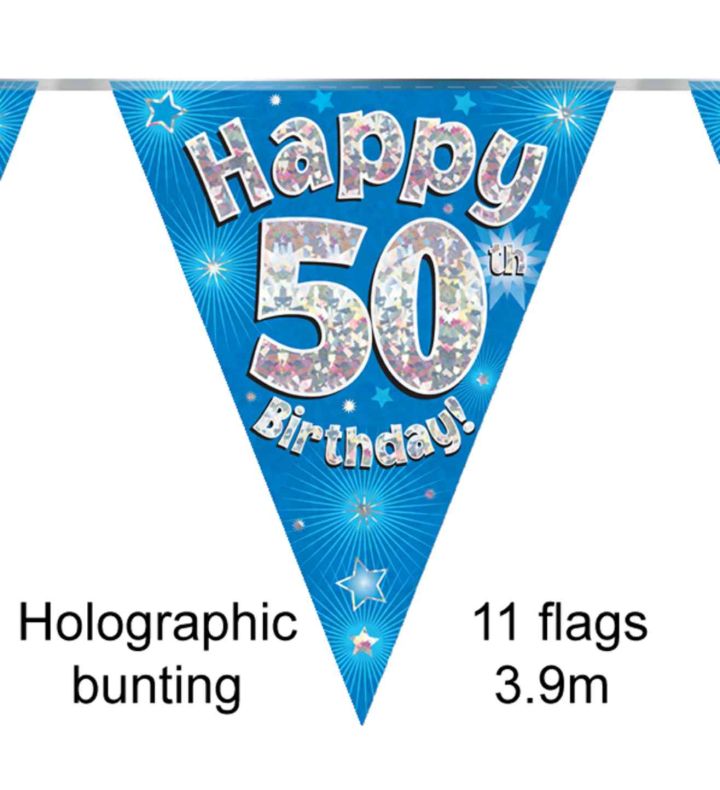 3.9m Oaktree 'Happy 50th Birthday' Blue Bunting