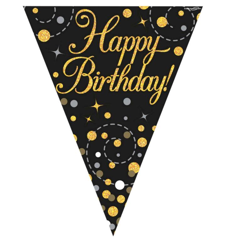 3.9m Oaktree Happy Birthday Black & Gold Bunting