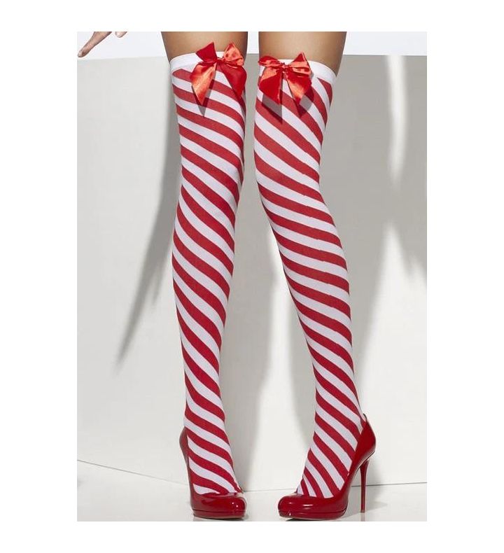 Womens Festive Christmas Red Candy Stripe Fancy Dress Hold Up Stockings
