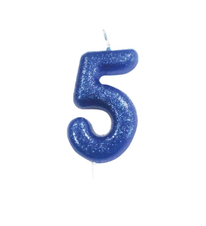 Number 5 Glitter Cake Candle Blue