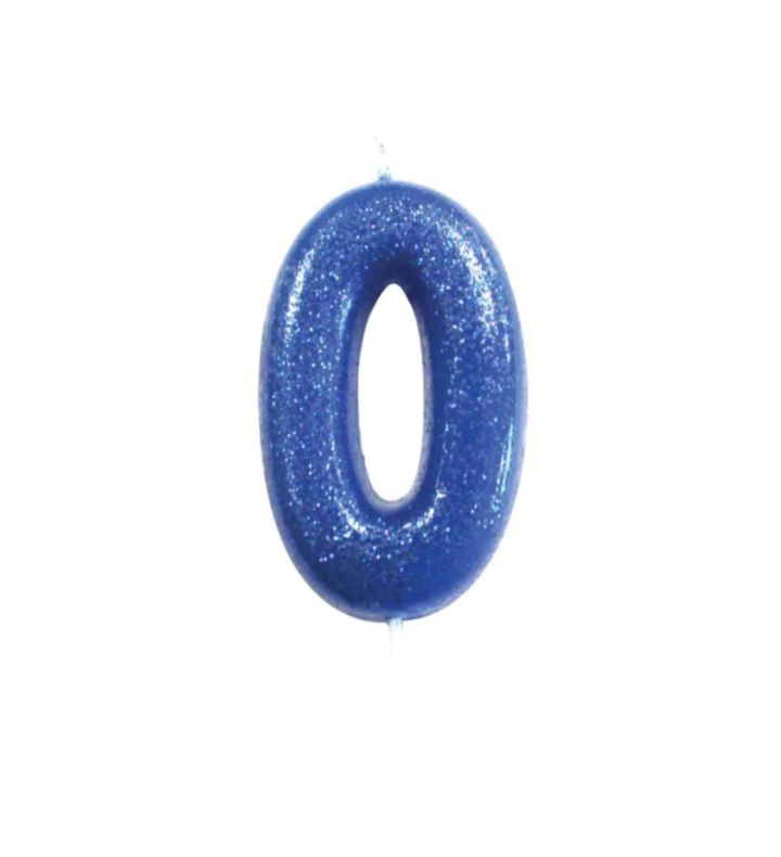 Number 0 Glitter Cake Candle Blue