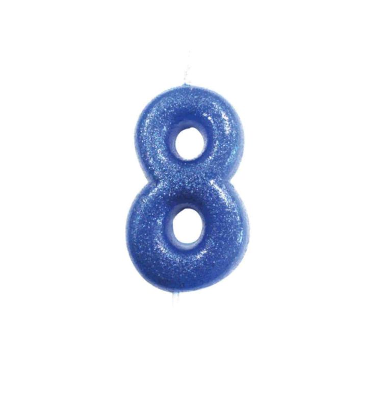 Number 8 Glitter Cake Candle Blue