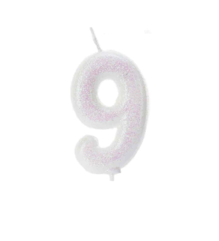 Number 9 Glitter Cake Candle Iridescent