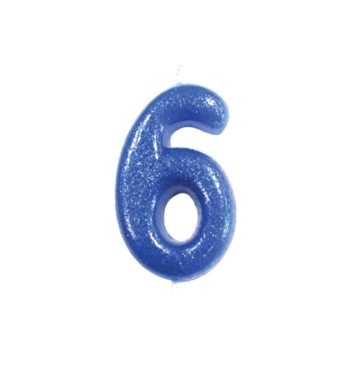 Number 6 Glitter Cake Candle Blue