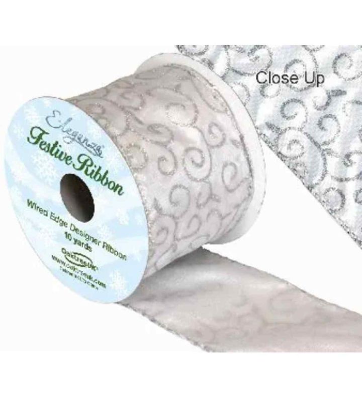 Eleganza Satin Wired Edge Glitter Filigree Silver 10yds x 63mm