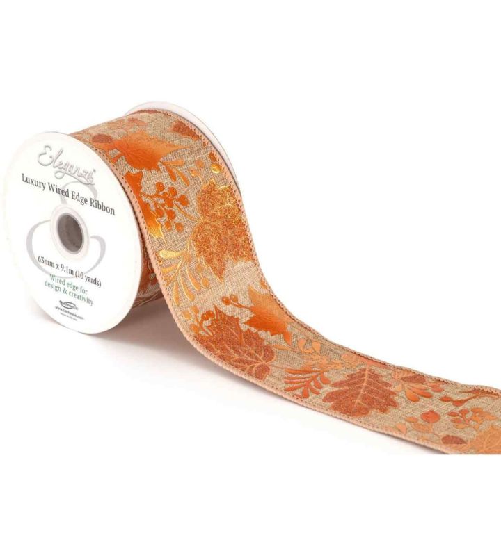 Eleganza Luxury Wired Edge Ribbon Burlap Metallic Gilded Leaves Natural/Copper  No.428 63mm x 9.1m