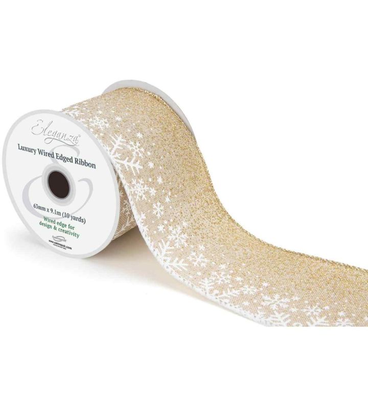 Eleganza Luxury Wired Edge Ribbon Gold Glitter Fade Snowflakes Metallic No.460 63mm x 9.1m