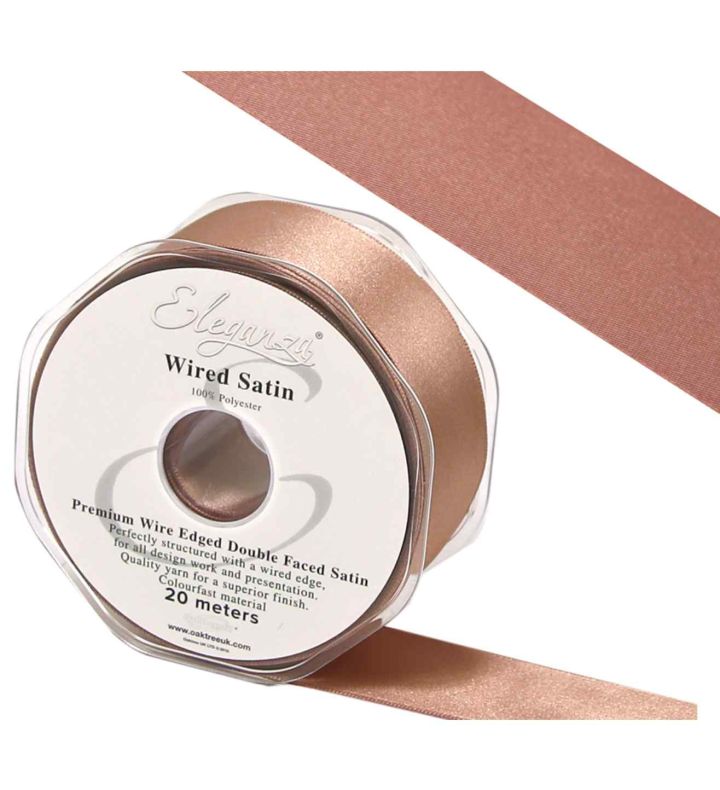 Eleganza Wired Edge Double Faced Satin Ribbon Rose Gold - 25mm x 20m