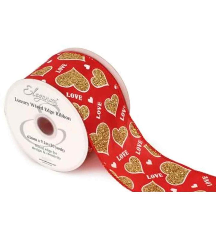 Eleganza Wired Edge Ribbon Gold Glitter Love Hearts Red