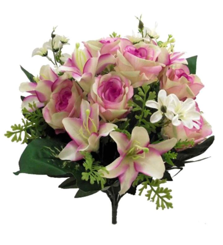 40cm Rose And Lily Mixed Bush With Foliage Ivory/Pink/Mauve