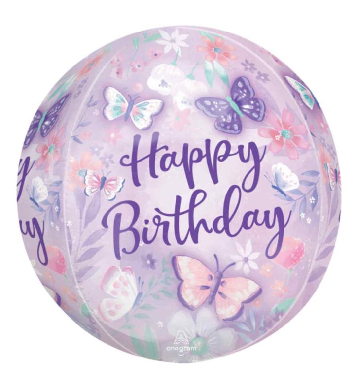15" Butterfly Happy Birthday Orbz Foil Balloon