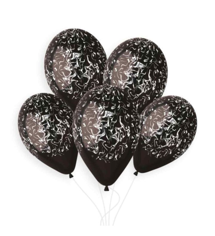 13" Gemar Black w/ White Marble Latex Balloons 50ct