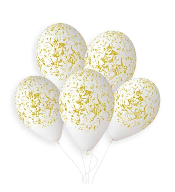 13" Gemar White w/ Gold Marble Latex Balloons 50ct