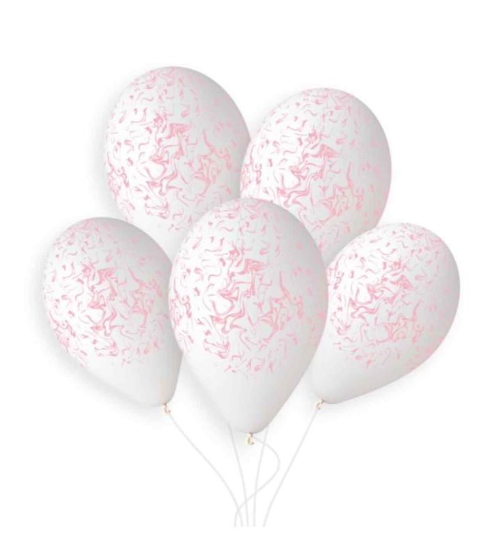 13" Gemar White w/ Pink Marble Latex Balloons 50ct