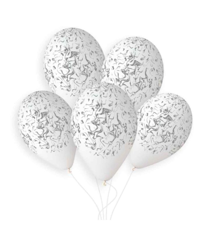 13" Gemar White w/ Silver Marble Latex Balloons 50ct