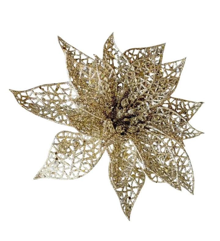 Glitter Poinsettia With Clip Gold 23cm