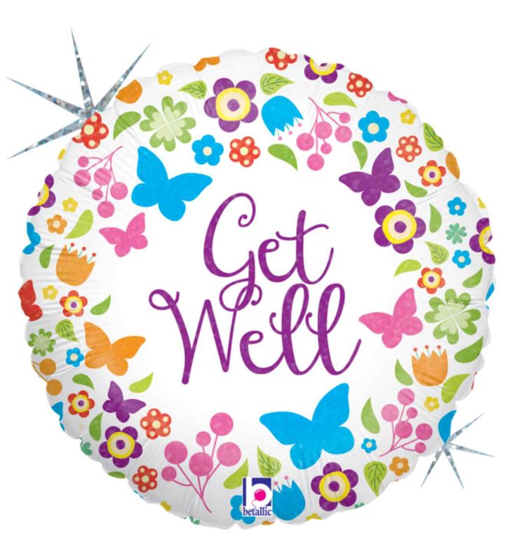 18" Betallic Butterflies & Flowers Get Well Foil Balloon