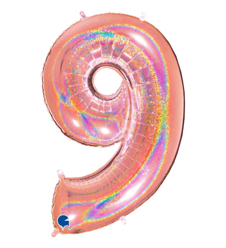 40" Grabo Glitter Holographic Rose Gold Number 9 Foil Balloon