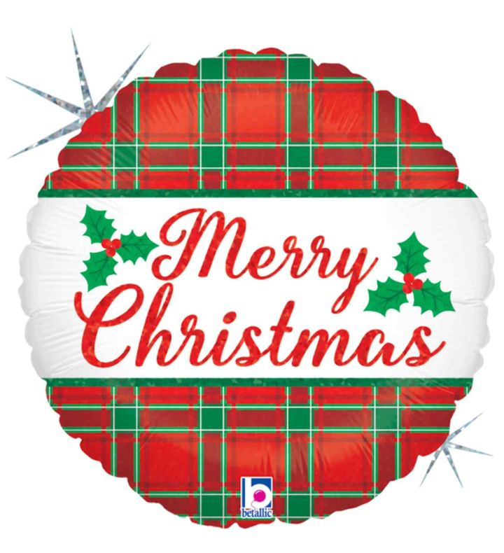 18" Round Betallic Christmas Plaid Foil Balloon