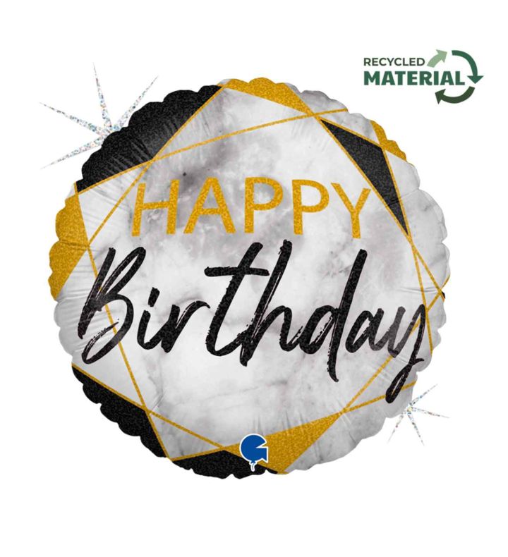 18" Grabo Marblw Matte Happy Birthday Black Foil Balloon