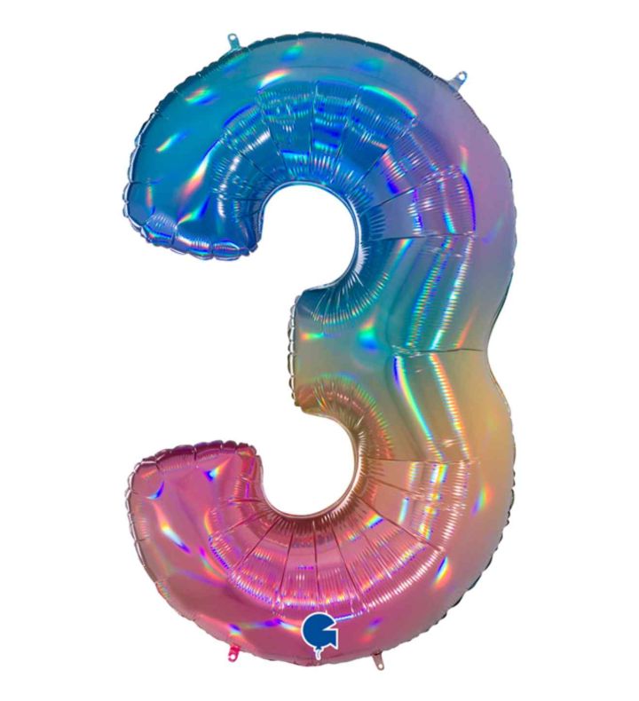 40" Grabo Rainbow Holographic Colourful Rainbow Number 3 Foil Balloon
