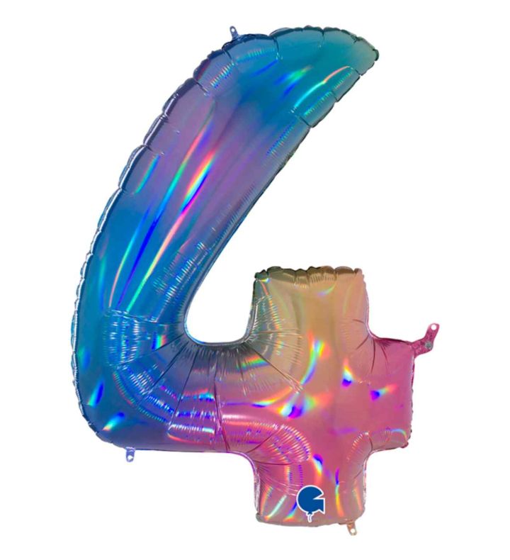 40" Grabo Rainbow Holographic Colourful Rainbow Number 4 Foil Balloon