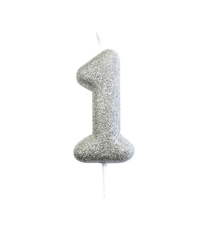 Number 1 Glitter Cake Candle Silver