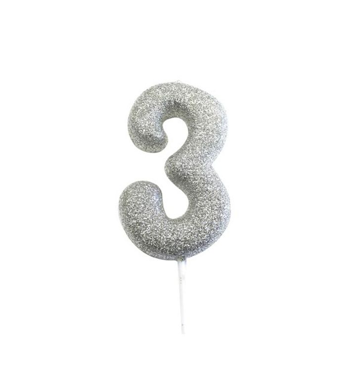 Number 3 Glitter Cake Candle Silver