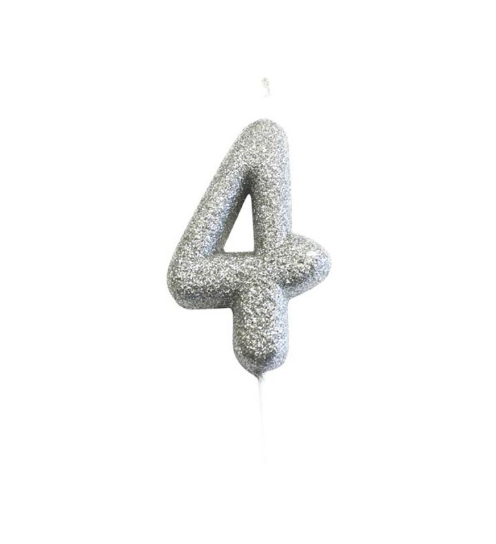 Number 4 Glitter Cake Candle Silver
