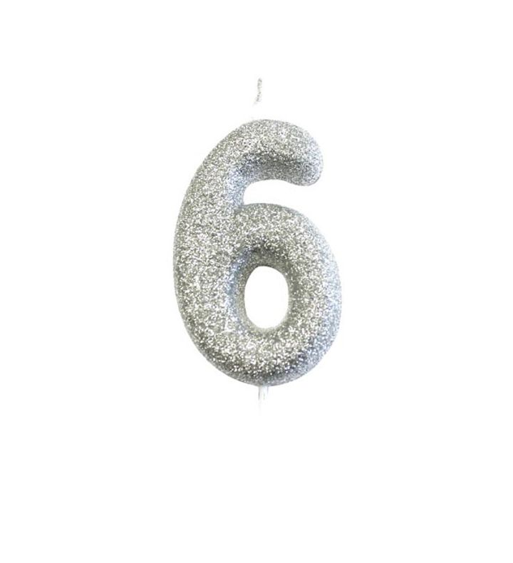 Number 6 Glitter Cake Candle Silver