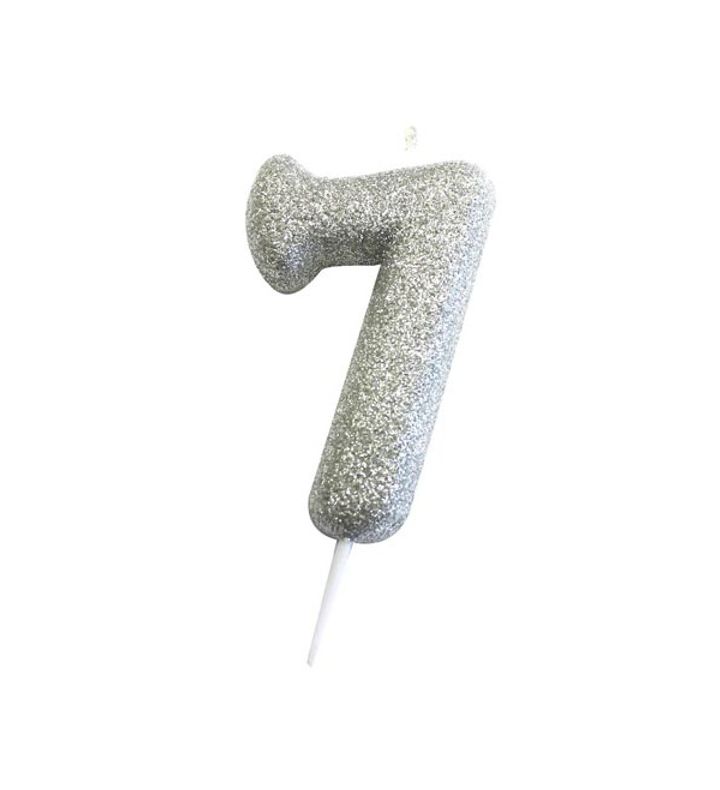 Number 7 Glitter Cake Candle Silver