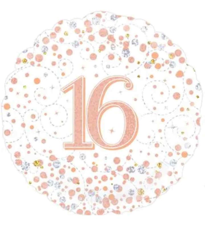 18" Oaktree Sparkling Fizz 16th Birthday White/Rose Gold Foil Balloon