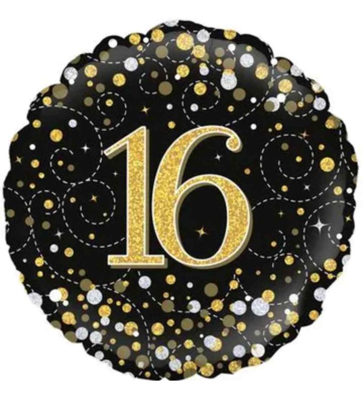 18" Oaktree Sparkling Fizz 16th Birthday Black/Gold Foil Balloon