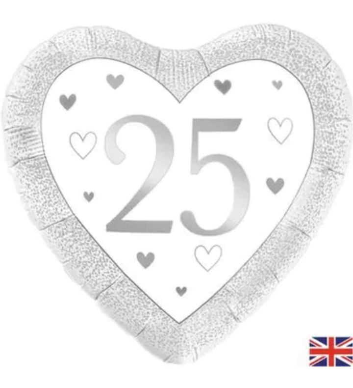 18" Oaktree Happy 25th Anniversary Silver Heart Foil Balloon