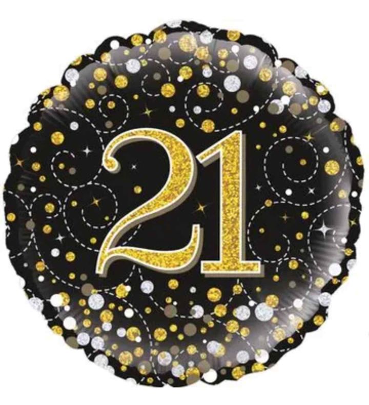 18" Oaktree Sparkling Fizz 21st Birthday Black/Gold Round Foil Balloon