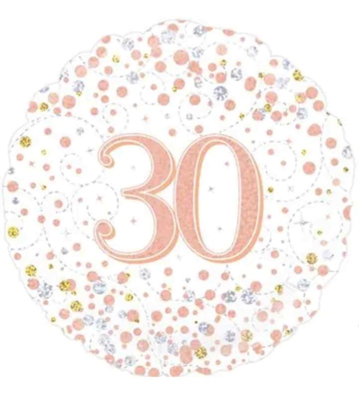 18" Oaktree Sparkling Fizz 30th Birthday White/Rose Gold Foil Balloon