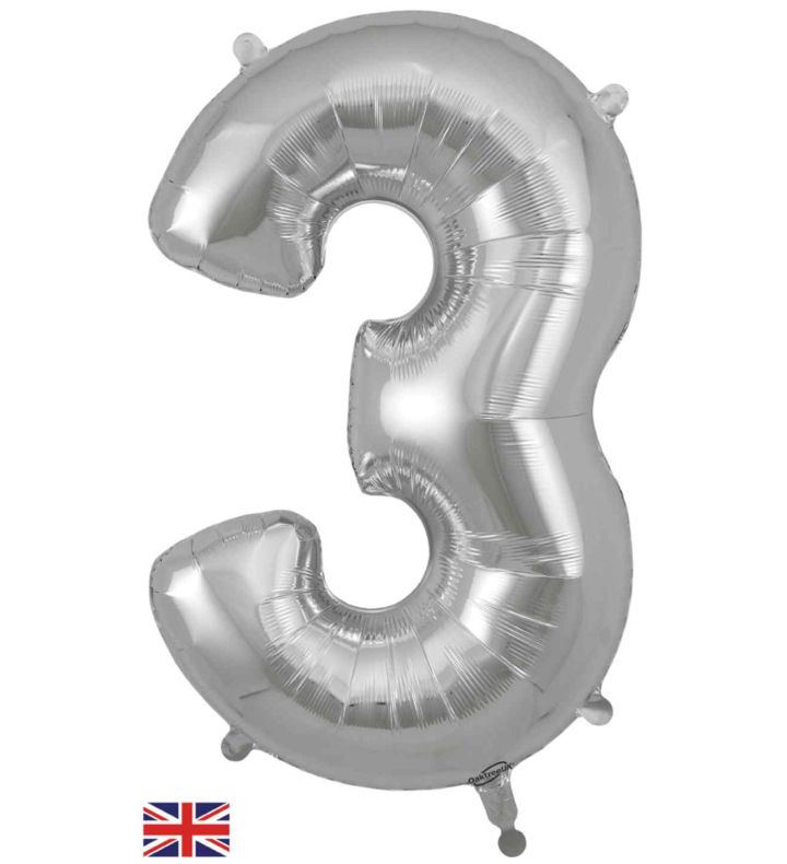 34" Silver Number 3 Oaktree Foil Balloon