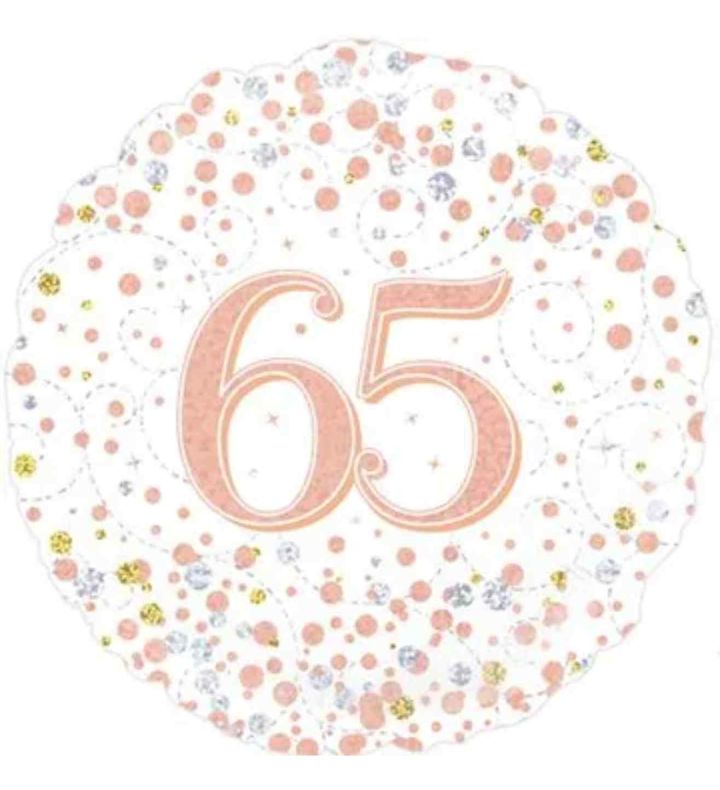 18" Oaktree Sparkling Fizz 65th Birthday White/Rose Gold Foil Balloon
