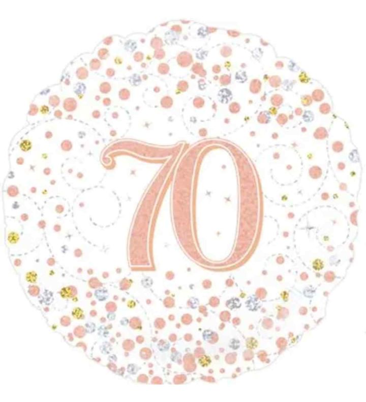 18" Oaktree Sparkling Fizz 70th Birthday White/Rose Gold Foil Balloon