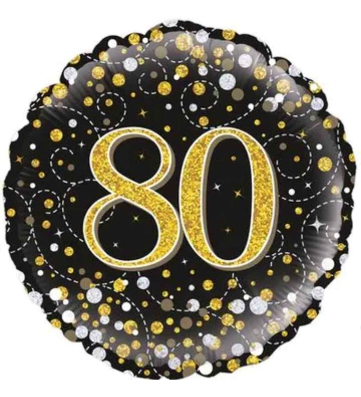 18" Oaktree Sparkling Fizz 80th Birthday Black/Gold Round