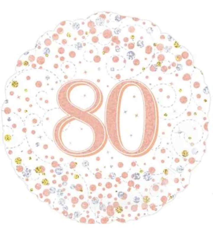 18" Oaktree Sparkling Fizz 80th Birthday White/Rose Gold Foil Balloon