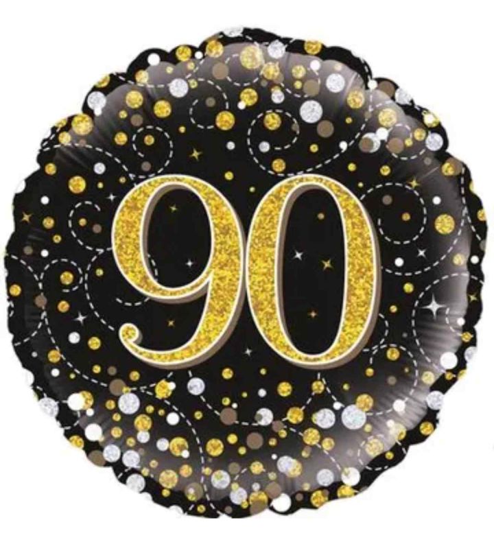 18" Oaktree Sparkling Fizz 90th Birthday Black/Gold Round