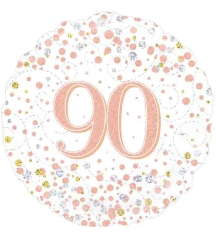 18" Oaktree Sparkling Fizz 90th Birthday White/Rose Gold Foil Balloon